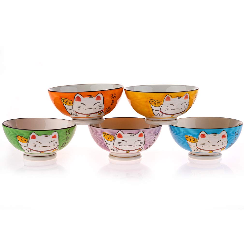 lachineuse Coffret Bols Japonais Design Maneki Neko 5 Bols à Riz Traditionnels Ø 11,5 cm 275 ML