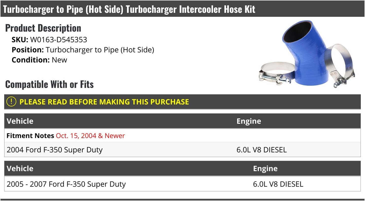 Marketplace Auto Parts Turbo Intercooler Hose Kit - Turbocharger to Pipe Hot Side - Compatible with 2004-2007 Ford F350 Super Duty 6.0L V8 Diesel (from 10/15/2004)