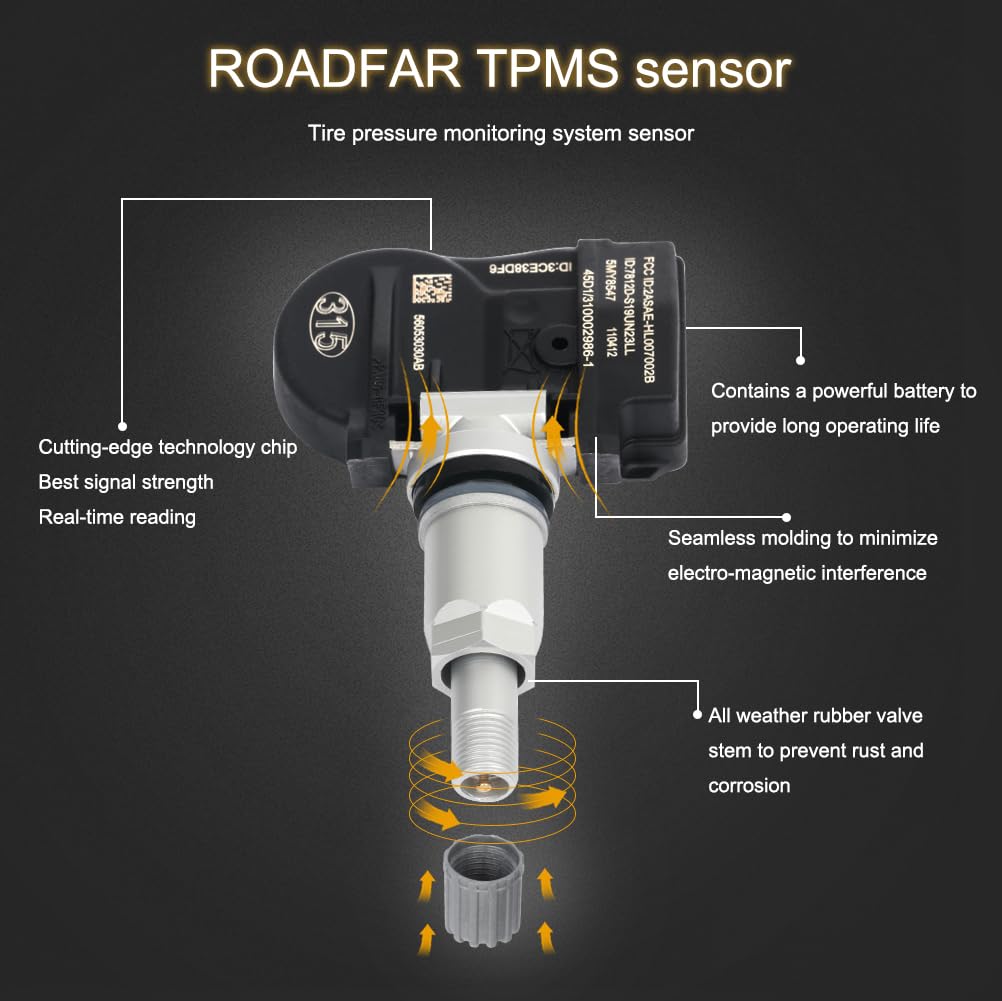 ROADFAR TPMS Sensor 315MHz Tire Pressure Sensor Fits for Chrysler Dodge Jeep Replaces 56029526AA 56053030AC 56053030AB 4250B975 68078861AA 68001696AA 4Pack