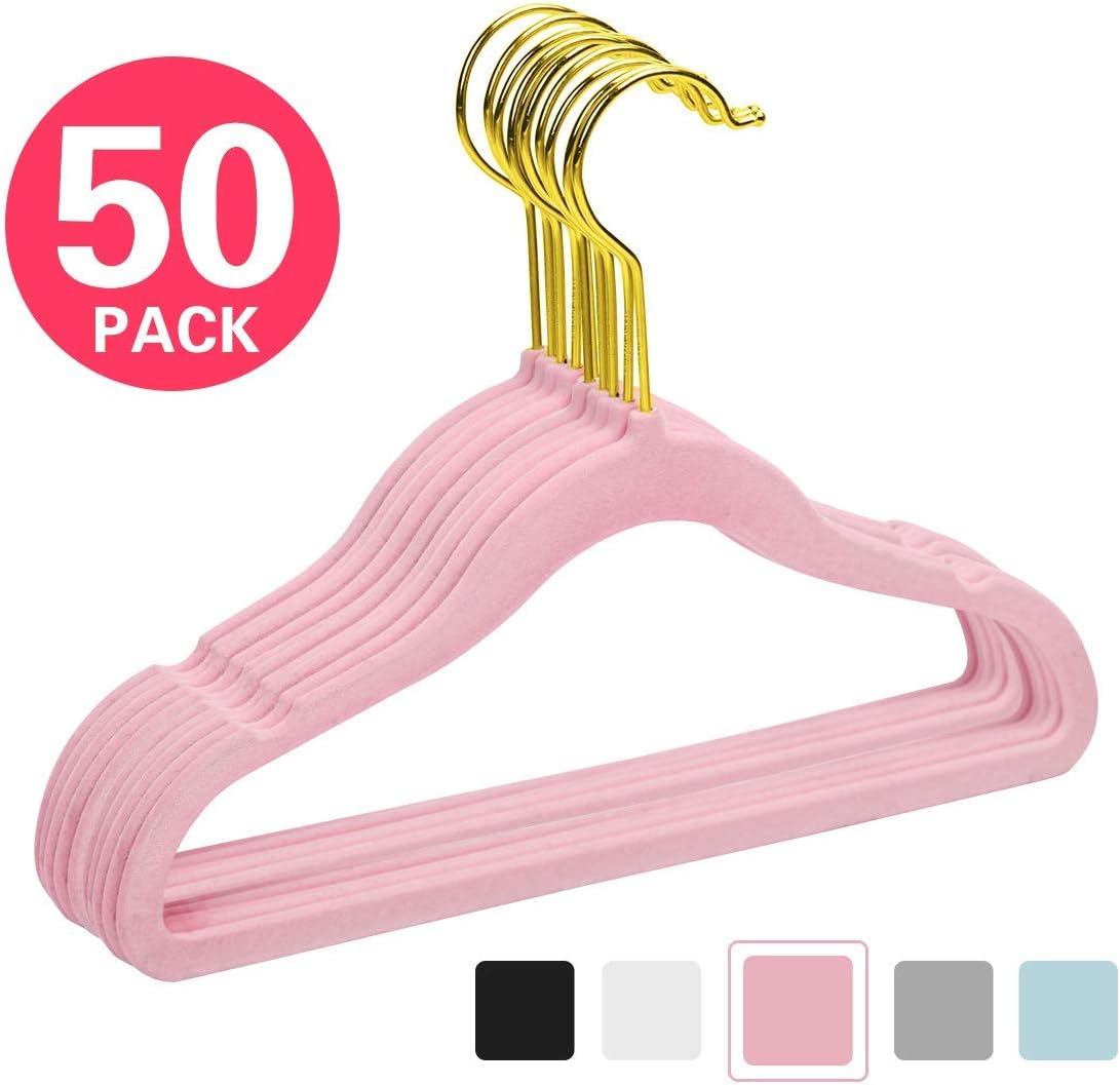 MIZGI Premium Kids Velvet Hangers (Pack of 50) with Gold Hooks,Space Saving Ultra Thin,Non Slip Hangers use for Children's Skirt Dress Pants,Clothes Hangers by (Pink)