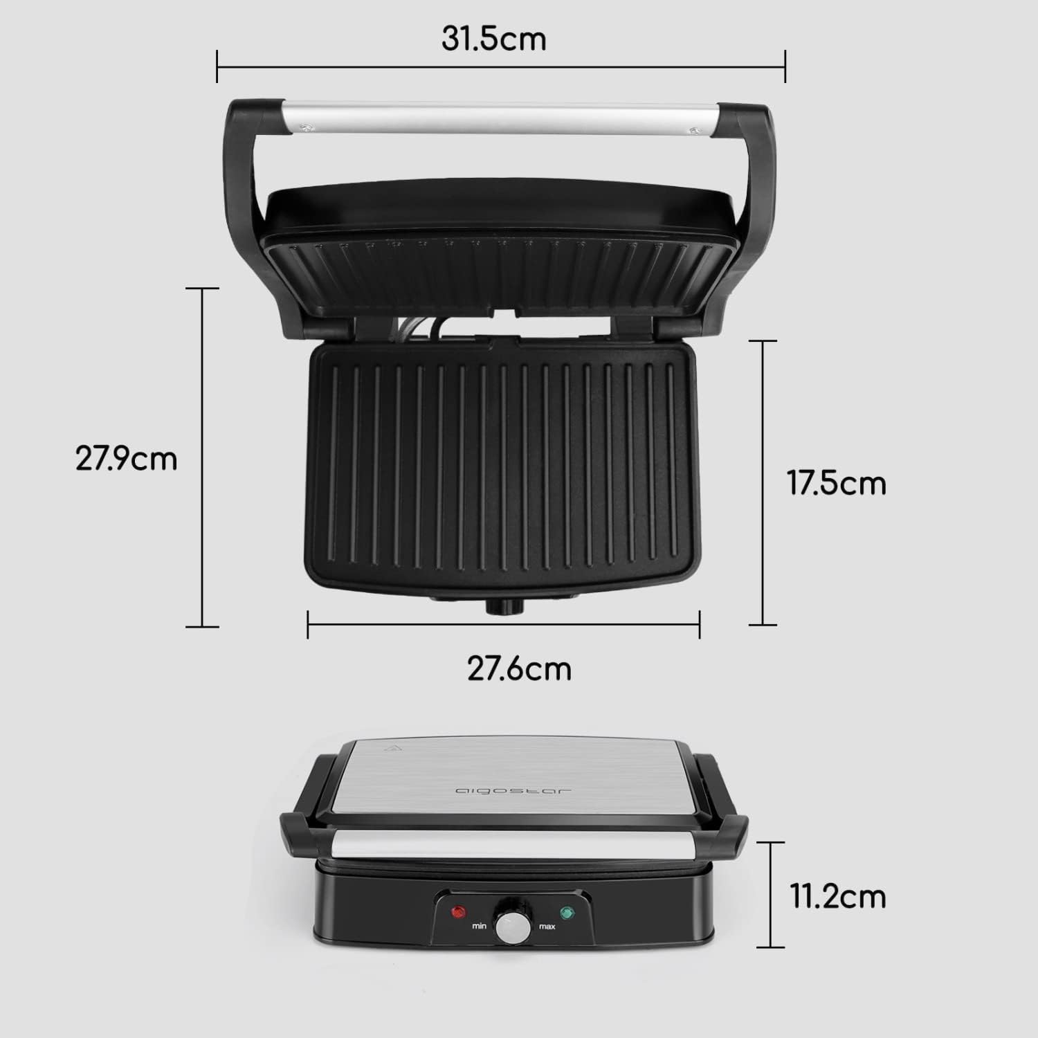 Aigostar Hitte 30HFA - Panini Maker/Griglia, Pressa a sandwich, Griglia elettrica, 1500 Watt, Fredda al tocco, Antiaderente, Indicatore luminoso, Argento. Design esclusivo.