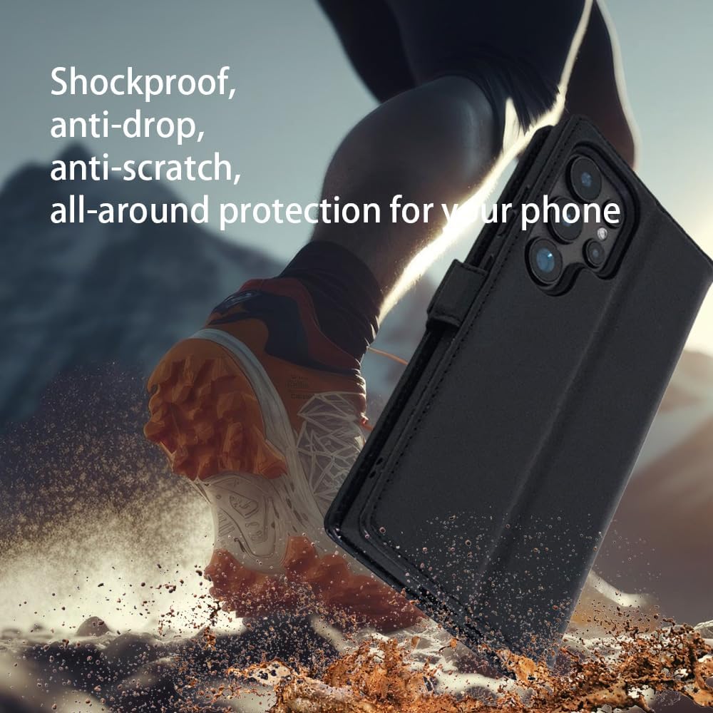 Compatible with Samsung Galaxy S24 Ultra Wallet-Style Genuine Leather flip Phone case, Card Holder and Folding Stand, Dual Magnetic Clasp, Shockproof Protection (Black).