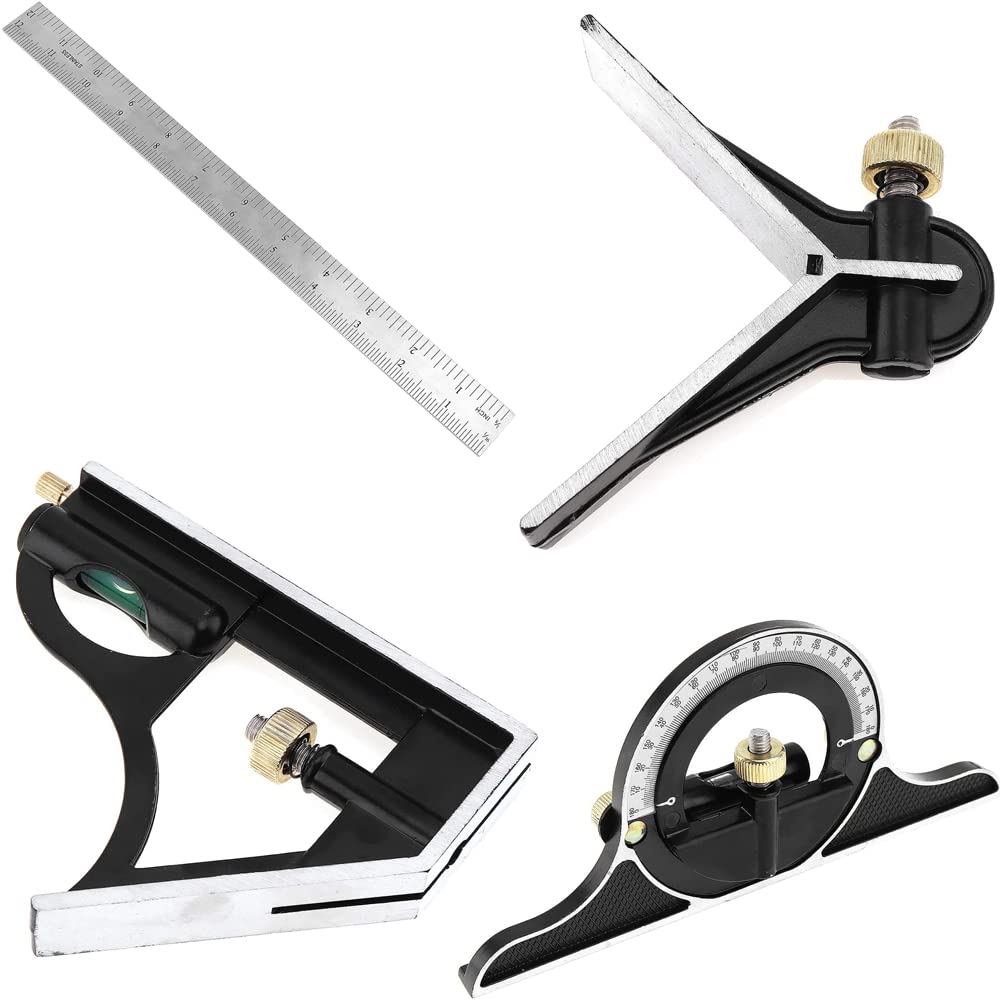 4-Piece 12 Inch Combination Square Ruler Set – With Protractor, Satin Finish, 4R Graduation (1/8, 1/16, 1/32, 1/64), Steel, For Woodworking, Metalworking, Cabinetry, With Storage Case