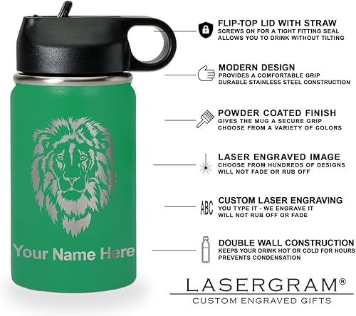 Vista 274 de LaserGram Botella de agua personalizada, palitos de lacrosse, acero inoxidable de doble pared aislada al vacío con popote superior, regalo grabado