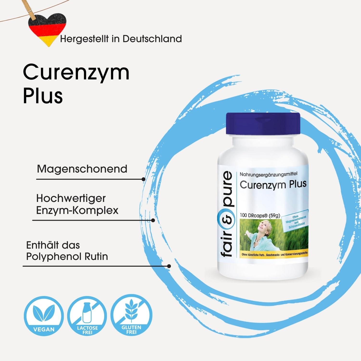 Fair & Pure Curenzym Plus, 100 Kapseln, schluckfreundlich, magensaftresistent, Enzym Komplex mit Bromelain, Trypsin, Chymotrypsin und Rutosid, ohne Magnesiumstearat, made in Germany