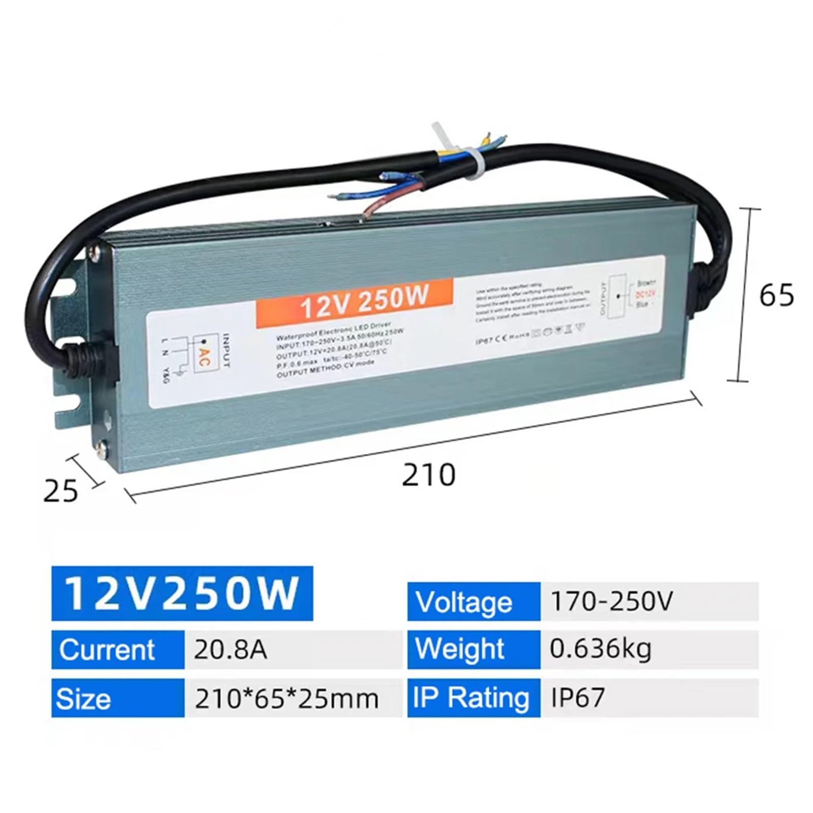 Alimentatore LED impermeabile IP67, adattatore trasformatore ultrasottile AC-DC 12V 24V, 100W 150W 200W 300W 400W(200W 220V Input,12 V)