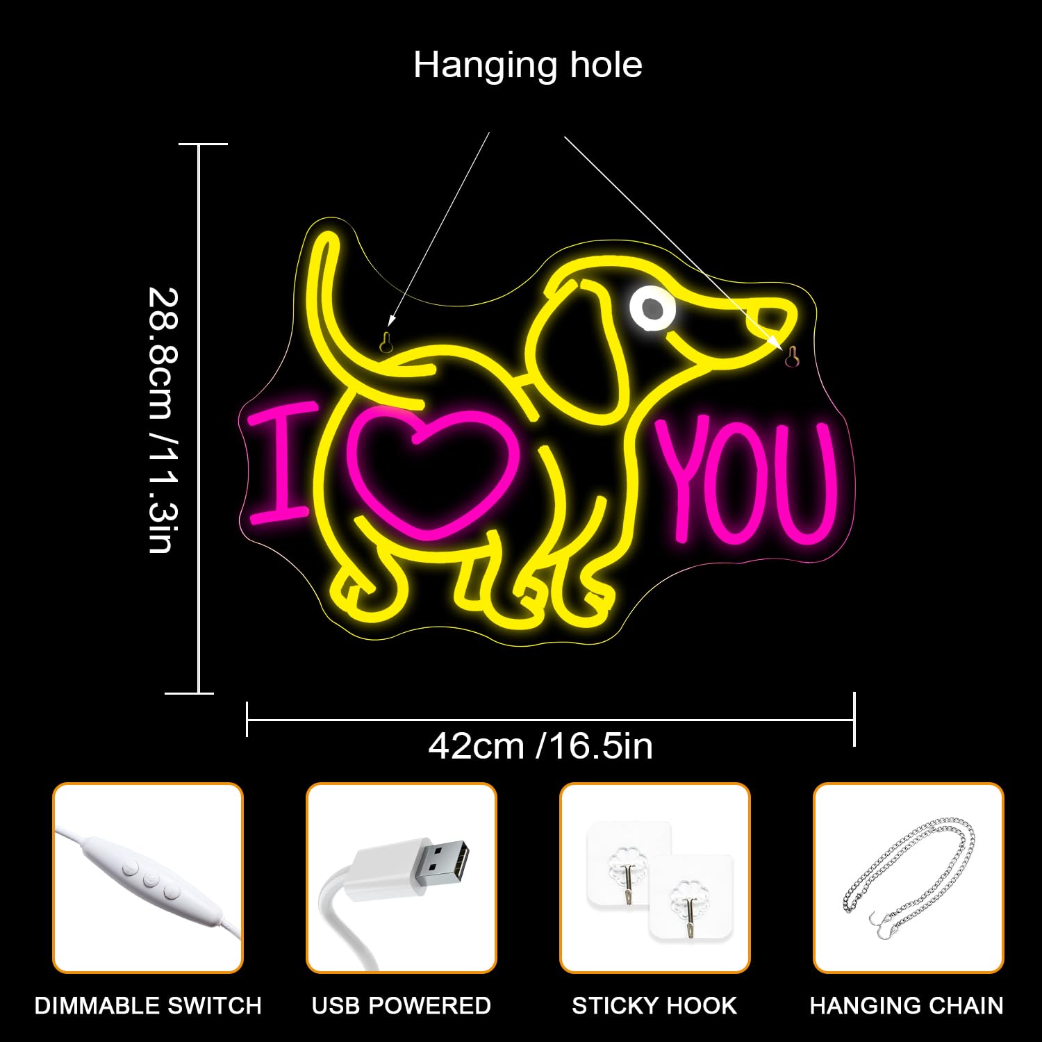 Ineonlife Love Neon Sign, Dachshund Lights, I Love You Art, Dimmable USB Regali per Gatti e Cani, San Valentino, Negozio Animali