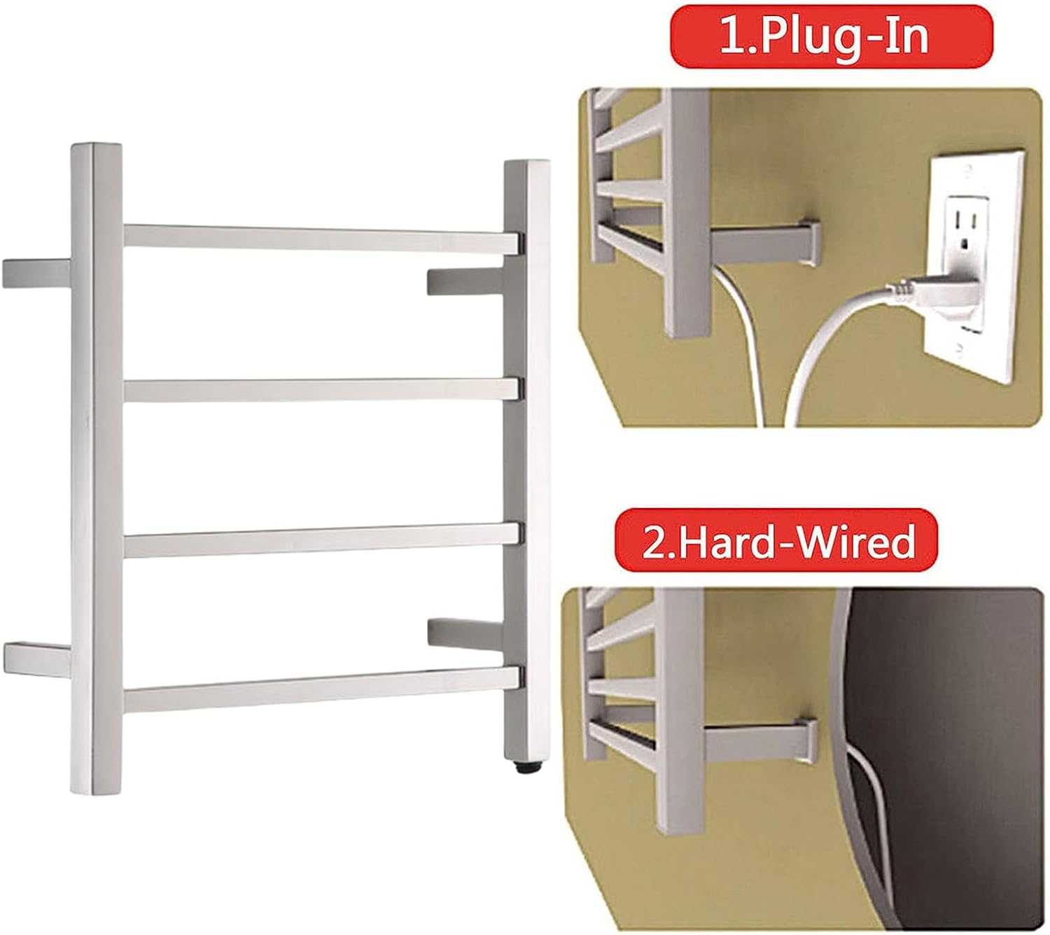 Electric Towel Warmer 4 Square Bars, Silver Heated Towel Racks Wall Mounted with Metal Switch, Towel Drying Rack 304 Stainless Steel with Intelligent Thermostatic,Hardwired