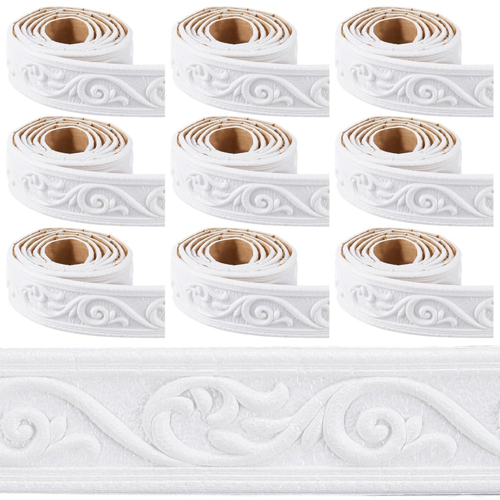 CRASPIRE 9 Rolls 66.4Ft Long White Crown Molding Wall Trim Vintage Wallpaper Border Self Adhesive Peel and Sick Foam Flexible Baseboard Mirror Sticky Wall Edge Line for Hotel Home Office Ceiling Decor