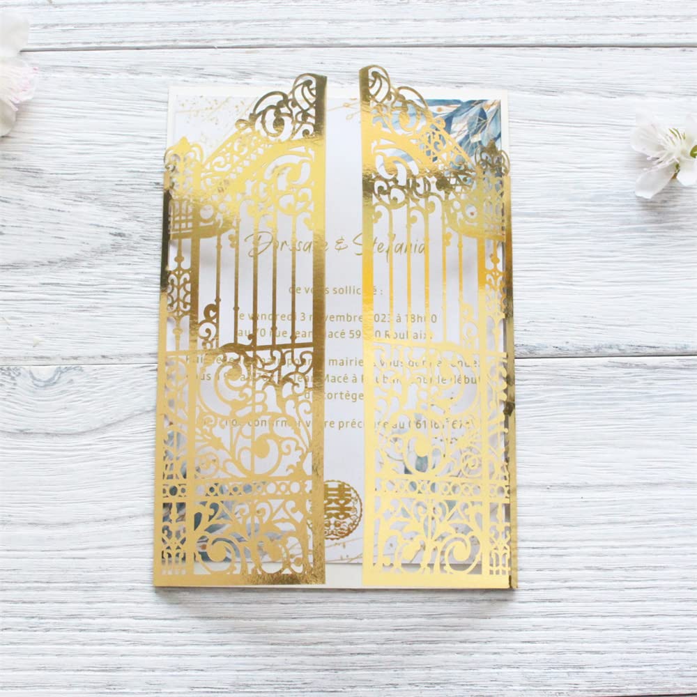 MillaSaw Metallic Gold Fence Laser Cut Invitation for Wedding Marriage Quinceanera Mermaid Anniversary 25 Sets (metallic gold, 4.9