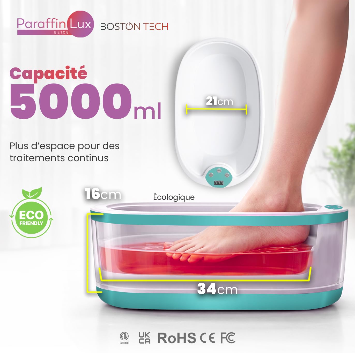 Bain de Paraffine pour les Mains et les Pieds de Boston Tech® | Soulagement des Douleurs Musculaires et Arthrite | Hydrate, Adoucit et Revitalise la Peau | Capacité 5L + 2 Blocs de Cire + Accessoires