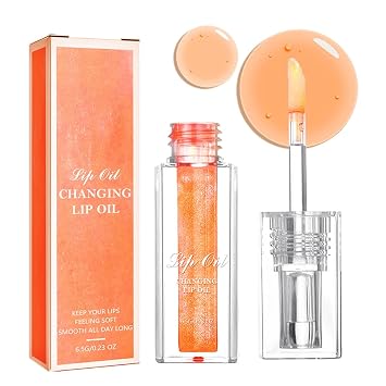 Magic Color Changing Lip Oil, Warm Change Lip Gloss, Nourishing Lip Glow Oil Upgraded Big Brush Head Moisturizing Lip Oil Long Lasting & Non-Sticky Primer Lip Tint Orange