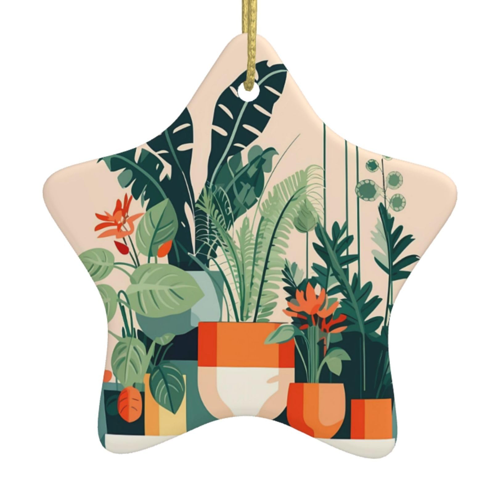 Cartoon Small Green Plant Christmas Ceramic Star Pendant with Punched Holes and Gold Wire Rope, Christmas Tree Home Decoration