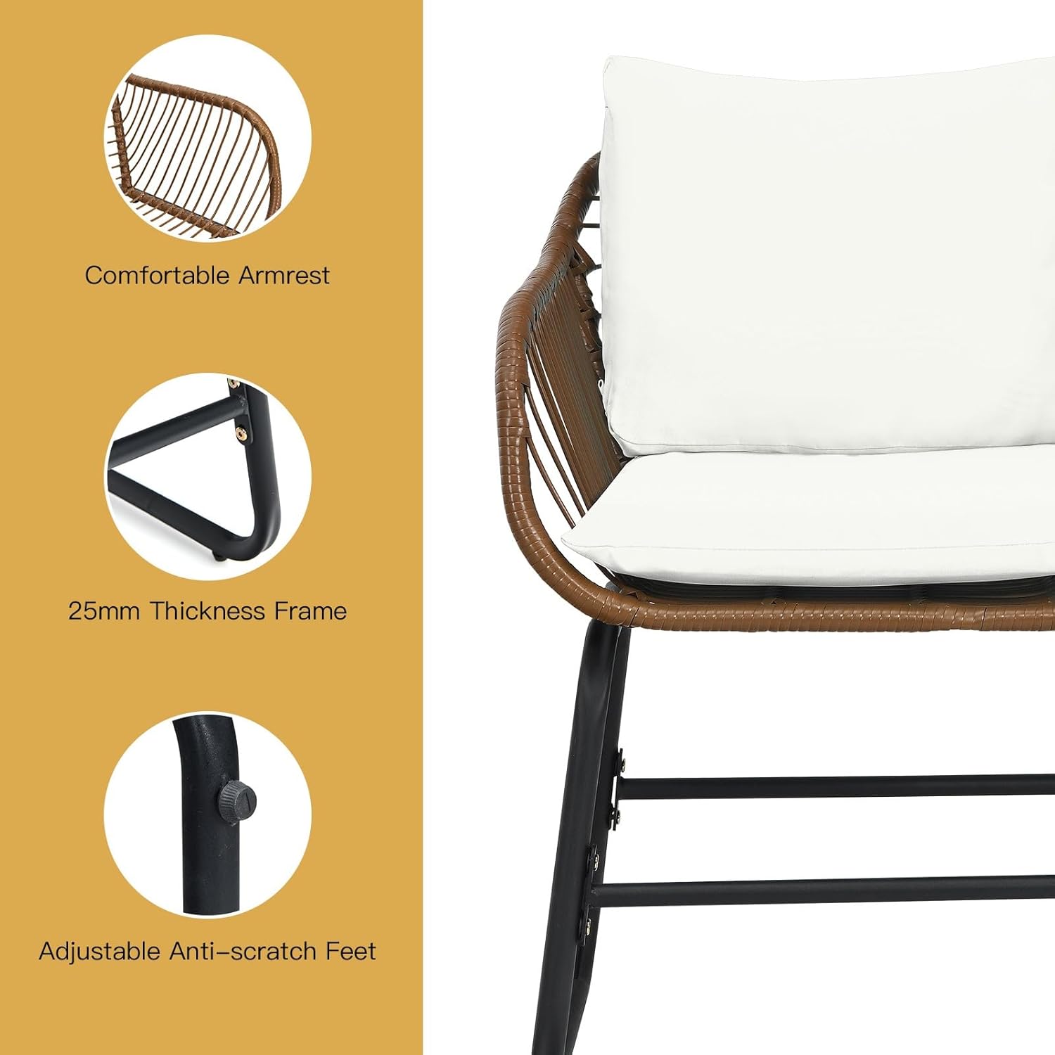 Outdoor 3PCS Rattan Bistro Set Premium Cushioned Chair Glass Table Deck White