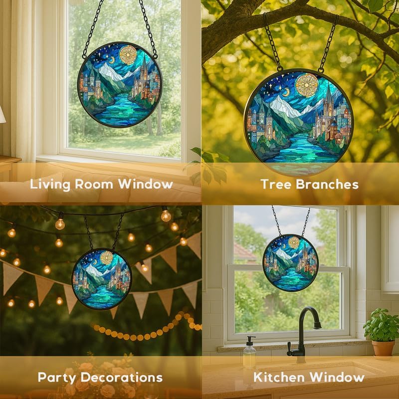 Stained Glass Window Hanging， Rivendell Landscape 11.8in Sun Catchers Indoor Window， Core Decor Inside and Outside The Cottage， Gifts for Women， Mountain River Night Scene Art Decor