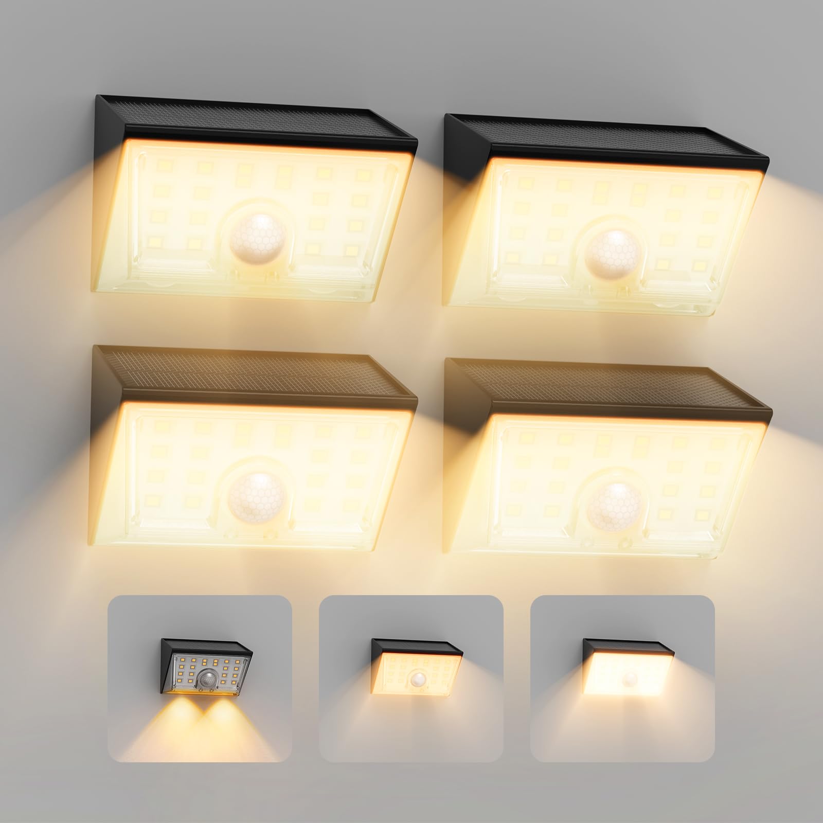 Smiling Shark WL-06 Lampada Solare da Esterno, 4 Pezzi Luce Solare LED Esterno con Sensore di Movimento 4 Modalità & 120° IP65 Impermeabile Applique Solare per Giardino Balcone, Bianco Caldo