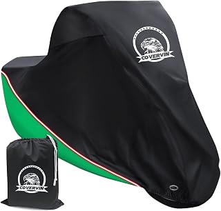 COVERVIN Motorcycle Cover Waterproof Outdoor Storage Bag All Weather Motorcycle Protection Waterproof and Sunproof Outdoor Protection 86 Inch for Harley Davidson Honda Suzuki Kawasaki Yamaha with Reflective Strips Locking Holes Ventilation Holes (M Black&Green).
