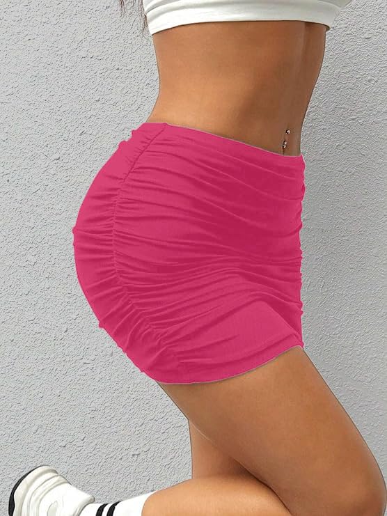 Image of Jawdrobe Women's Stretch High Waist Ruched Bodycon Double Layer Casual Mini Skirt - Slim Fit, Party, Club Wear, Adjustable Length, Elastic Waist