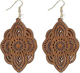 Bohemian Wood Earrings Natural Retro Lightweight Hollow Pattern Geometric Wooden Dangle Drop Earrings Statement Vintage Jewelry