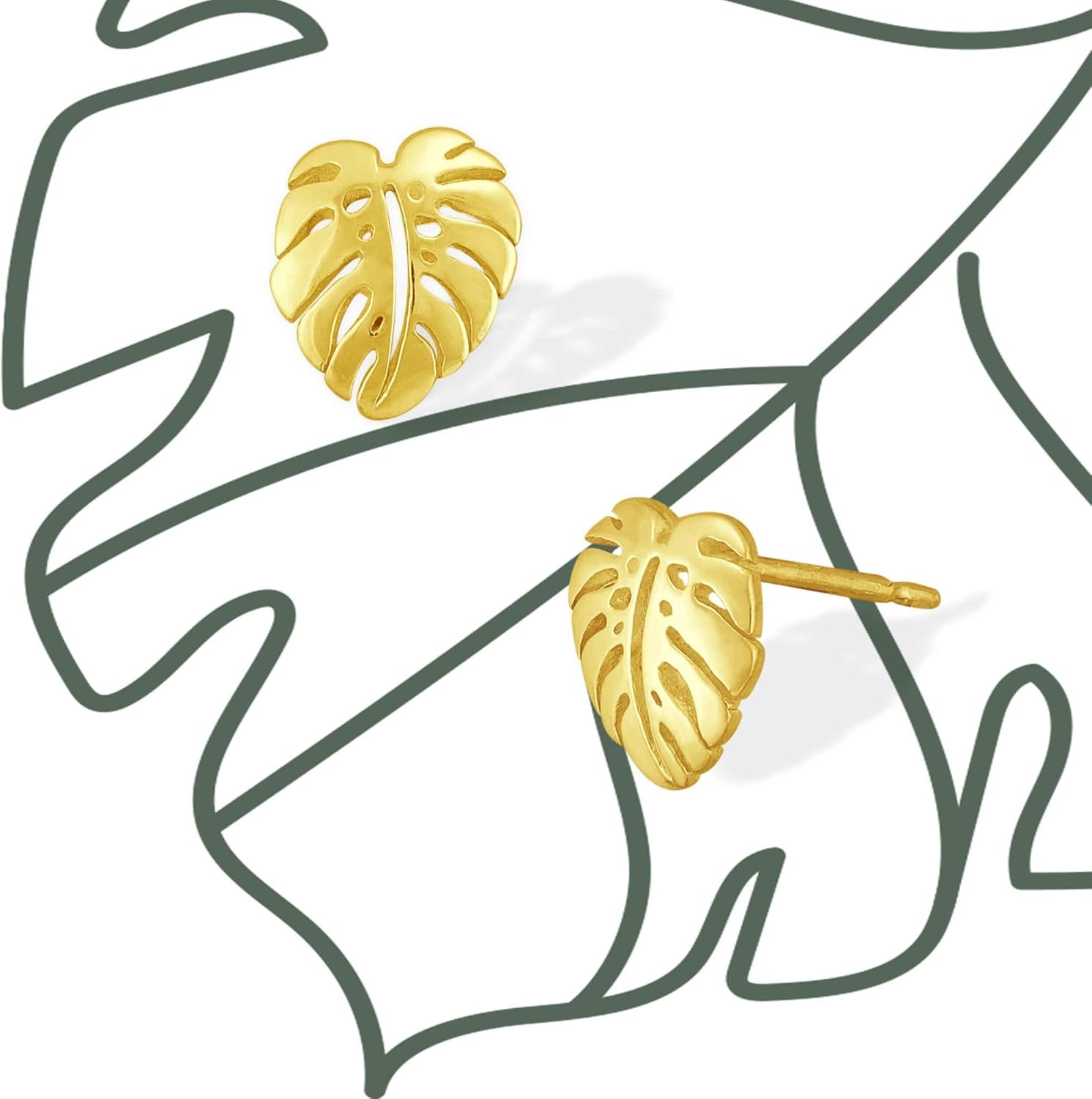 Boma Jewelry Sterling Silver Monstera Leaf Stud Earrings with 14KT Gold Plated
