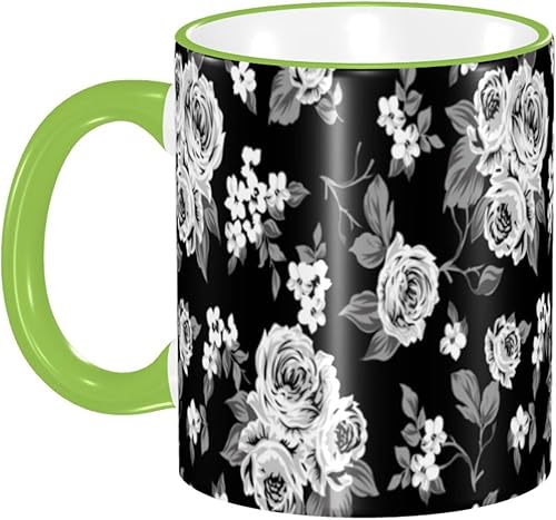 Vintage Flowers Black White Roses Tulips Gray Leaves Coffee Mug Coffee Cups Ceramic with Handle,Tea Cups Mug tazas para cafe Drinking Cups Gifts for