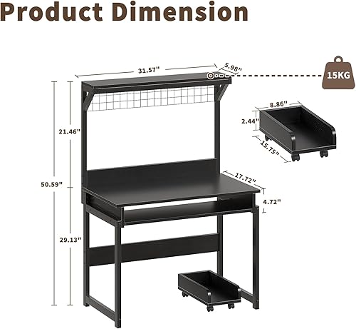 Miniatura 3 de ALISENED 31.5" Small Computer Desk with Hutch, Office Desk Study Table Writing Desk Workstation PC Table for Home Office, Space Saving Design Negro