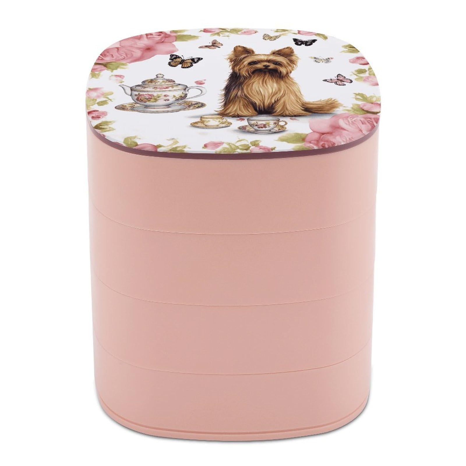 VstaDank Yorkshire Terrier Tea Party Butterflies Roses Jewelry Box 360° Rotatable Jewelry Organizer 4 Layers Jewelry Case with Lid Fashion Portable Earring Holder for Bracelets Rings Bracelets Vanity