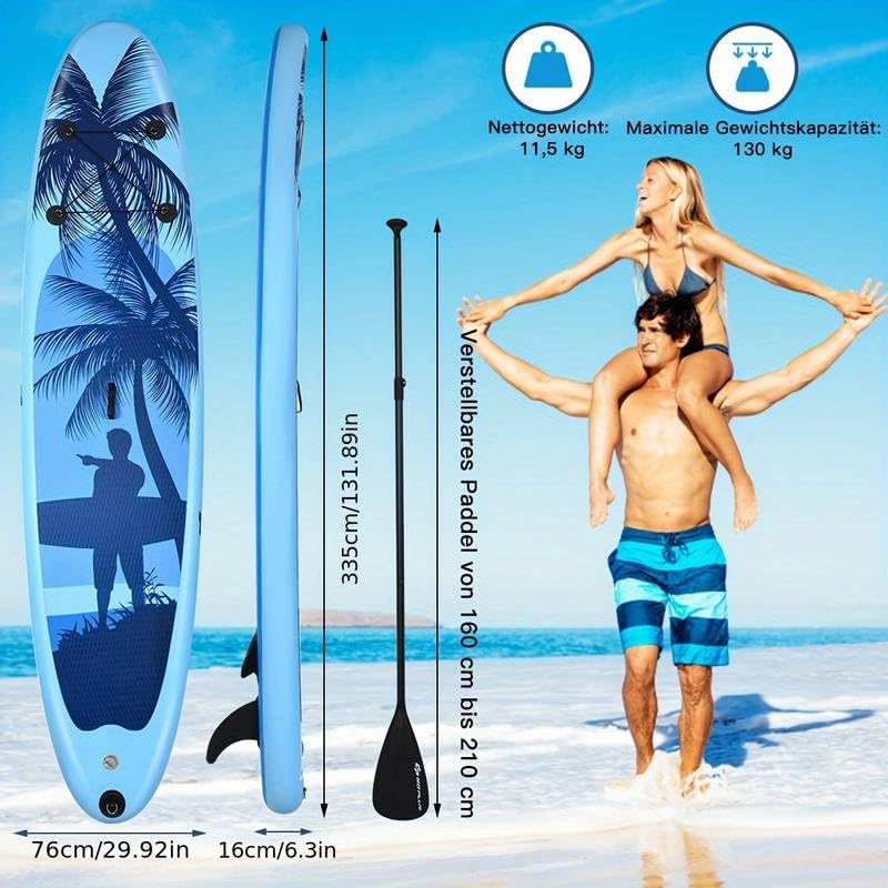 Planche SUP 335 x 75 x 16 cm avec pompe, laisse de sécurité, pagaie et aileron central