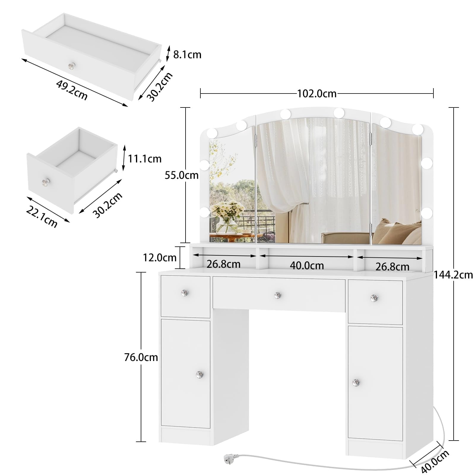 FIONESO Postazione Trucco con 10 Luci LED, 3 Colori Regolabili, 3 Specchietti Ripiegabili, Toeletta Trucco con 2 USB e 2 Prese, 3 Cassetti e 2 Armadi, Bianco