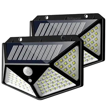 BRITSPEAR Pack of 2 600Lm Solar Lights Outdoor 100 LED Solar Security Light with Waterproof Wall Light Solar Powered and 3 Modes for Outdoor 1200mAh (Black)