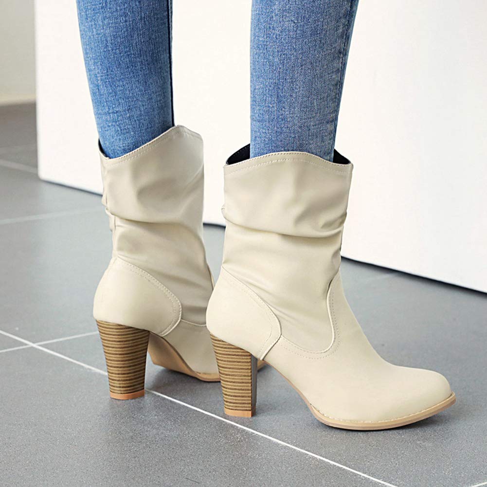 Mujer Elegante Tacón de Bloque Sin Cordones Botas de Pantorrilla Fruncidas Mullido Botas Holgadas