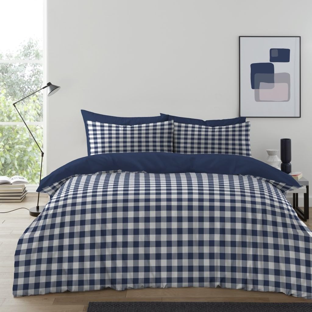 New Gingham Moor Check Duvet Cover Set with Pillowcases Ultra Soft Microfibre Breathable Bedding Set, Elegant Design, Easy Care, Fade and Wrinkle Resistant Quilt Cover Set (Blue, Double)