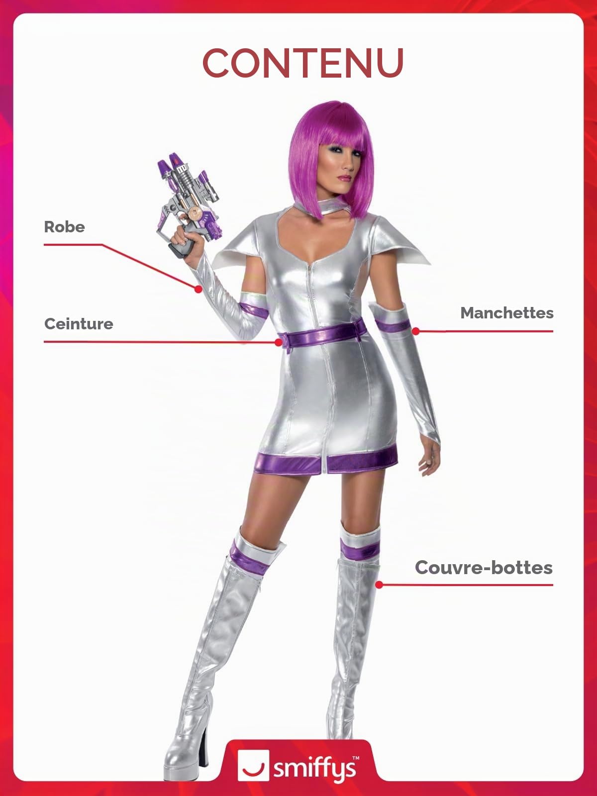 Smiffys Fever Space Cadet Costume, Silver Metallic with Dress, Belt, Arm Cuffs and Boot Cuffs, Fever Fancy Dress, Adult Dress Up Costumes
