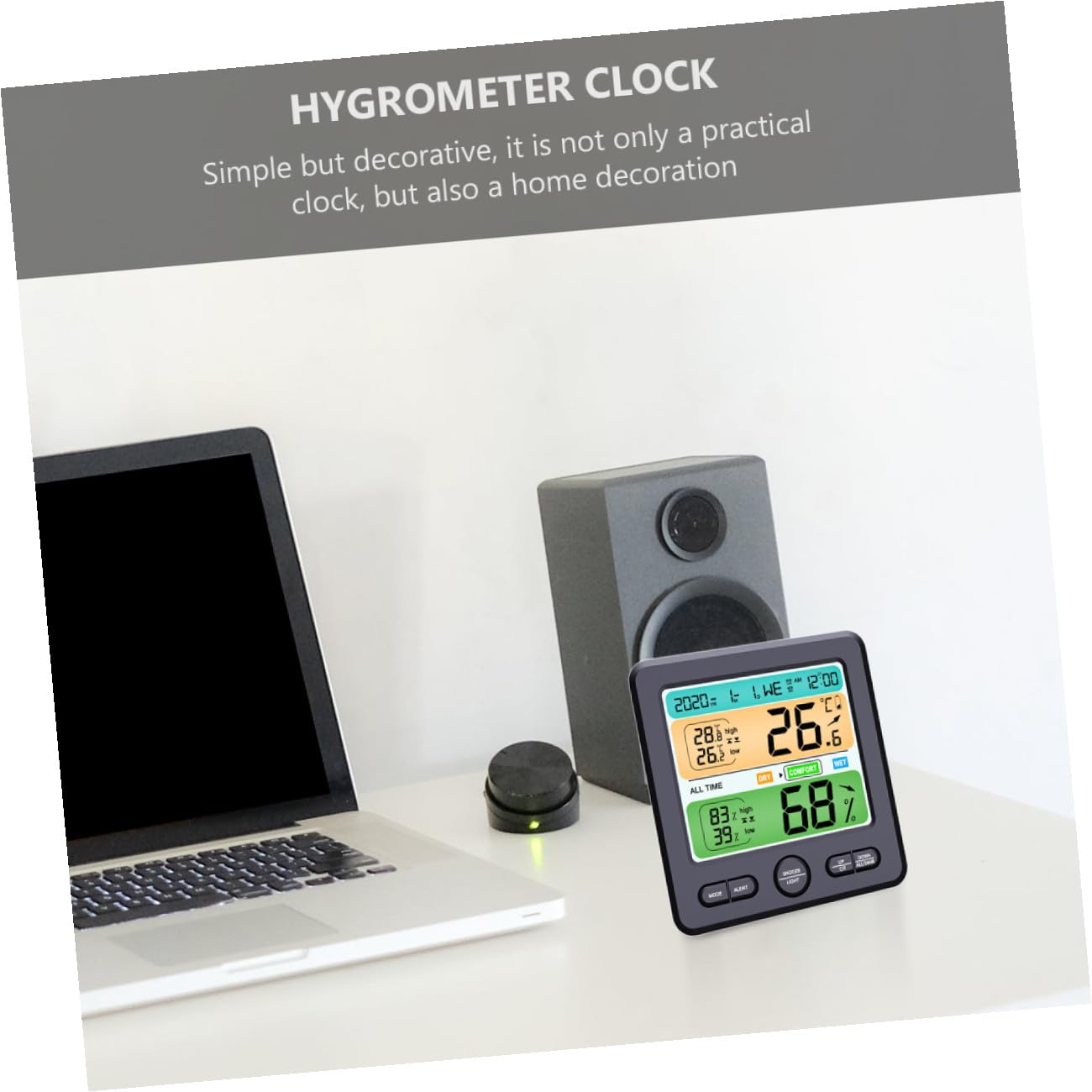 Thermohygrometer Uhr mit LED Display, Faltbarer Halter, Abs Schwarz | 1 Stück, ohne Batterie, für Wand oder Tisch, Temperatur ±1 °c, Luftfeuchte ±5 % Rh