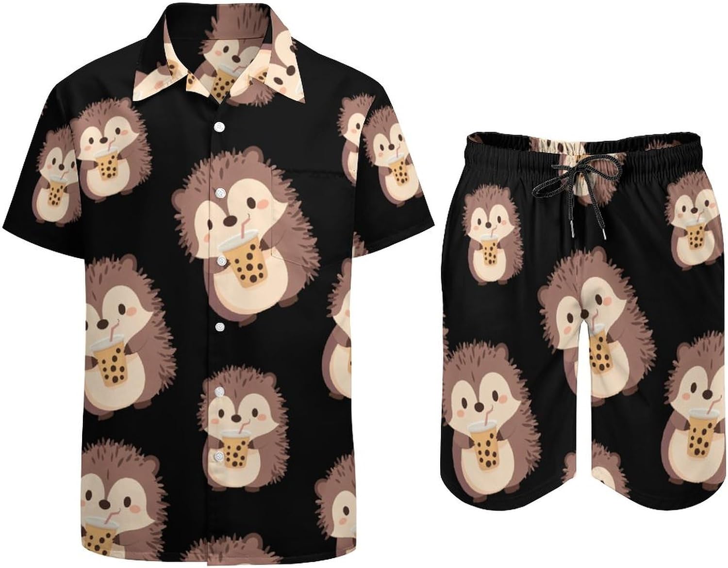Hedgehog Drinking Milk Tea Men's Summer Beach 2 Piece Outfits | hawaiian button down shirt and shorts,vacation cruise,mens bathing suit