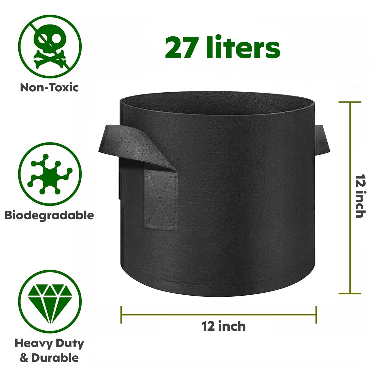 Decor & More – Grow Bags with Durable Handles & Reinforced Stitching,Thick Non-Woven Fabric | 280 GSM Grow Bag for All Plants, Garden Accessories| Grow Bags 12x12 inch Pack of 5 – Black