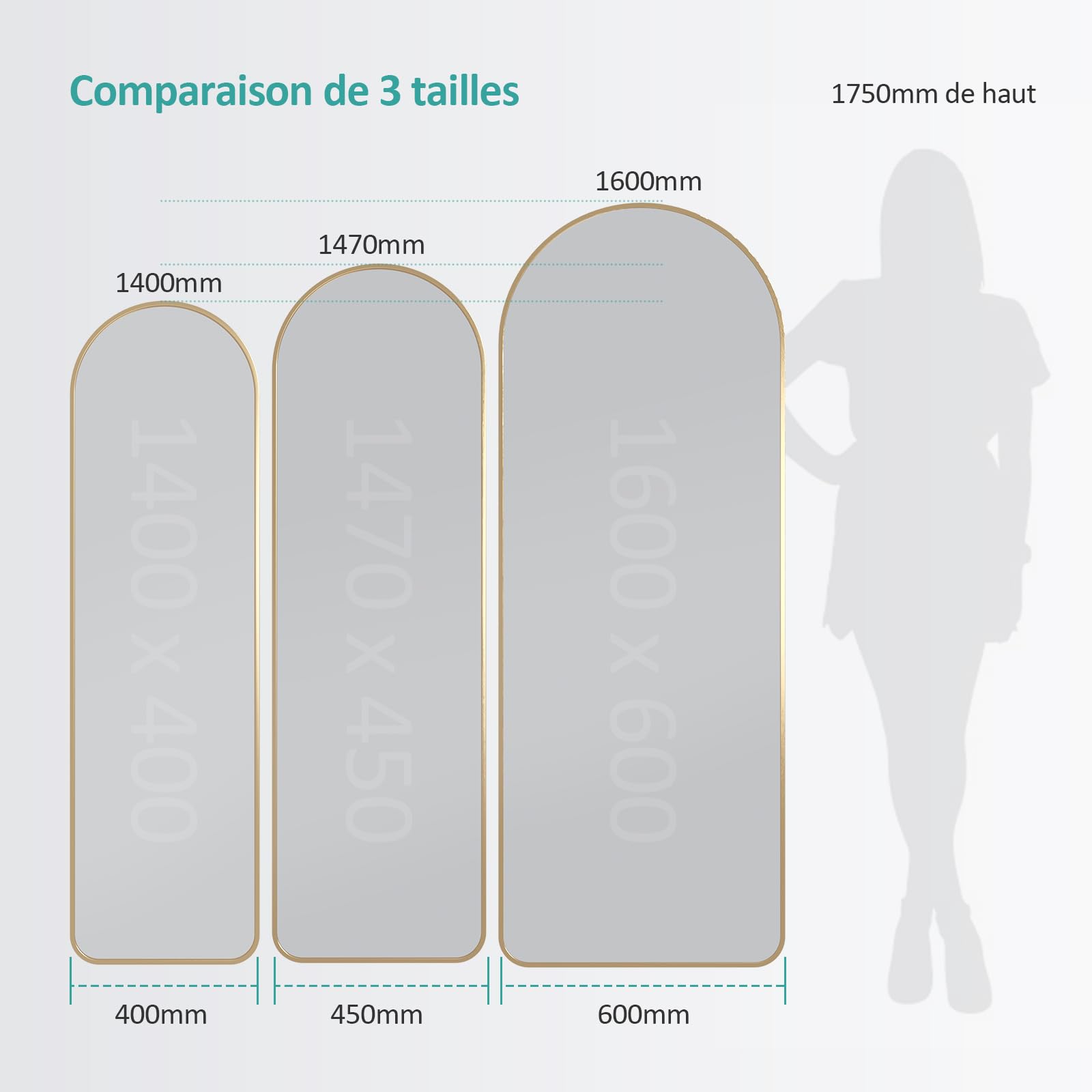 Miroir sur Pied 160 x 60 cm Cadre Aluminium Doré pour Salon Chambre