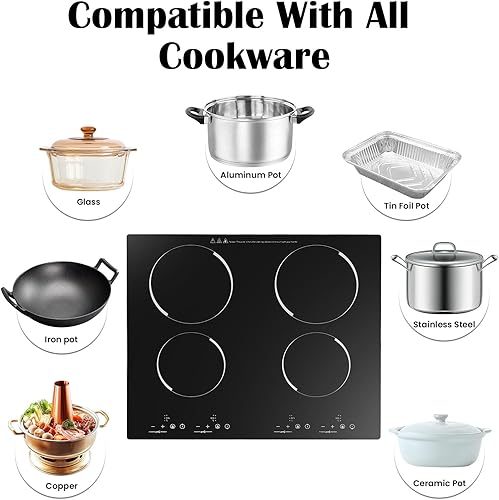 Miniatura 5 de Estufa eléctrica de 4 quemadores de 110 V, encimera eléctrica de 24 pulgadas y encimera integrada con 9 niveles de potencia, control táctil del