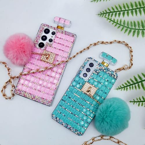 Losin Compatible With Galaxy S22 Perfume Bottle Case For Women And Girls Detachable Crossbody Lanyard Case Luxury Bling Diamond Glitter Shiny Rhinestones Gemstone With Cute Plush Furry Ball #TOP6