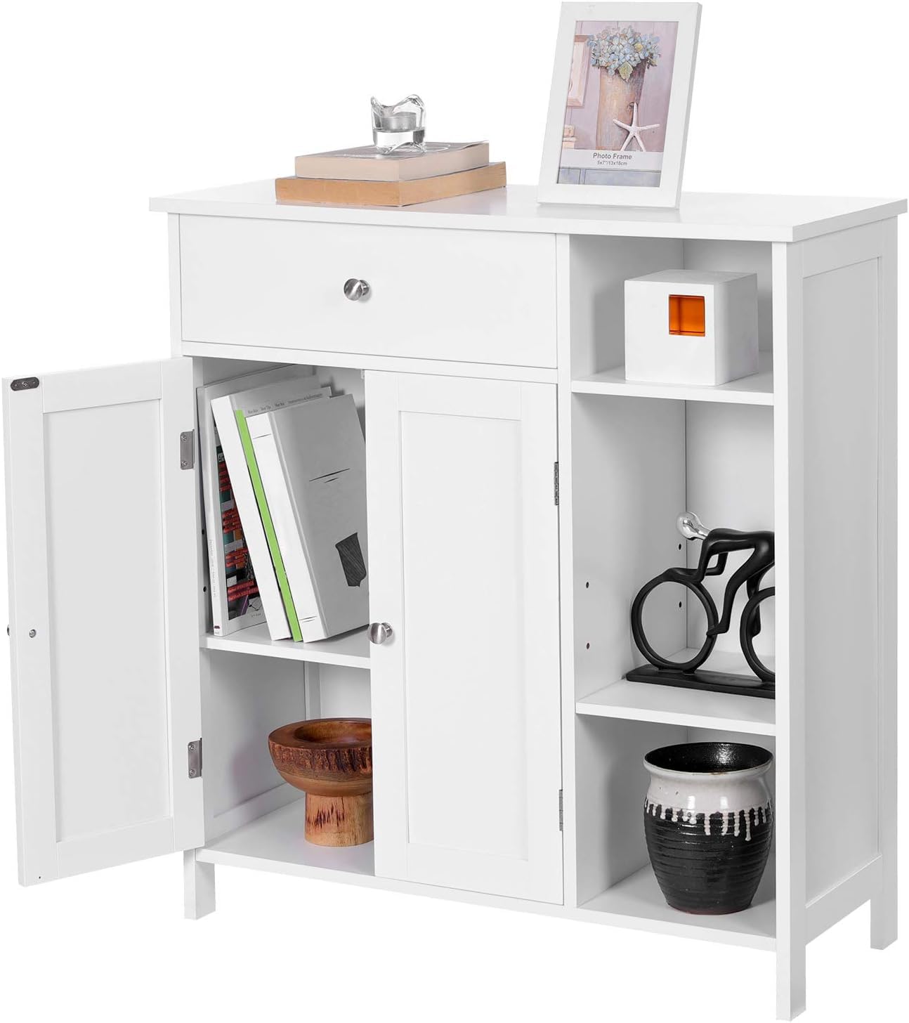 VASAGLE Meuble de Salle de Bain, Meuble de Rangement avec 2 Portes, Armoire de Salle de Bain avec Tiroir, 3 Compartiments Ouverts, Étagères Réglables, 75 x 30 x 80 cm, Blanc Nuage BBC142W01