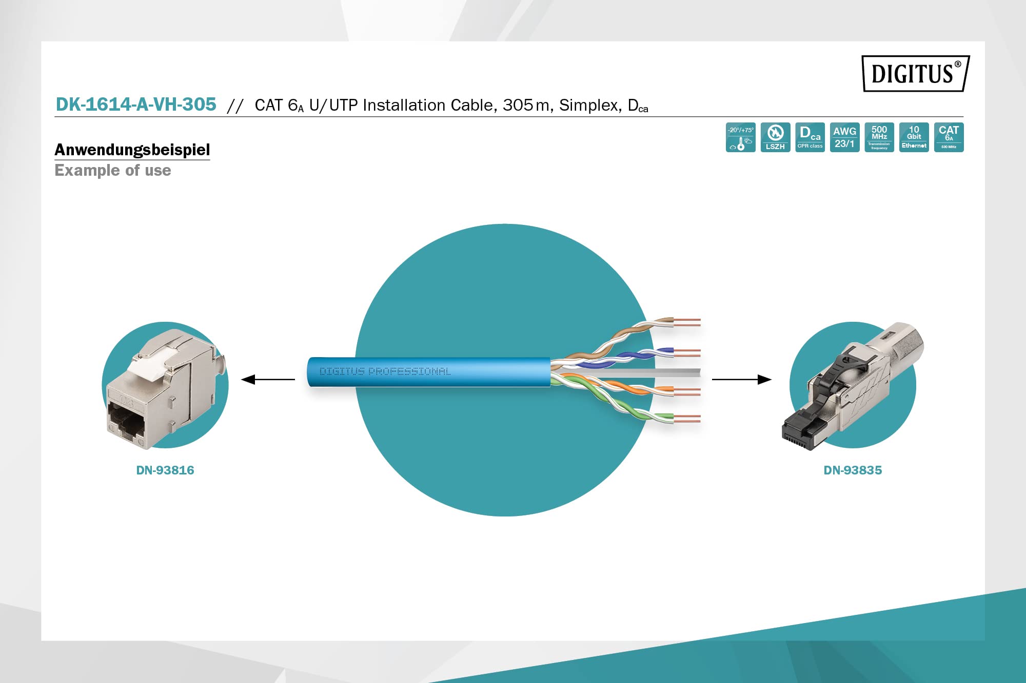 Digitus - Bulkkabel - 305,0m - U/utp, Nicht Abgeschirmt - Simplex - Cat 6a - Robust - Hellblau, Ral 5012 (dK-1614-A-VH-305)