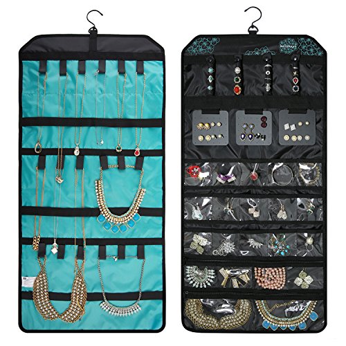 BAGSMART Double-sided Hanging Jewelry Organizer Roll for Earrings, Necklaces, Rings, Blue