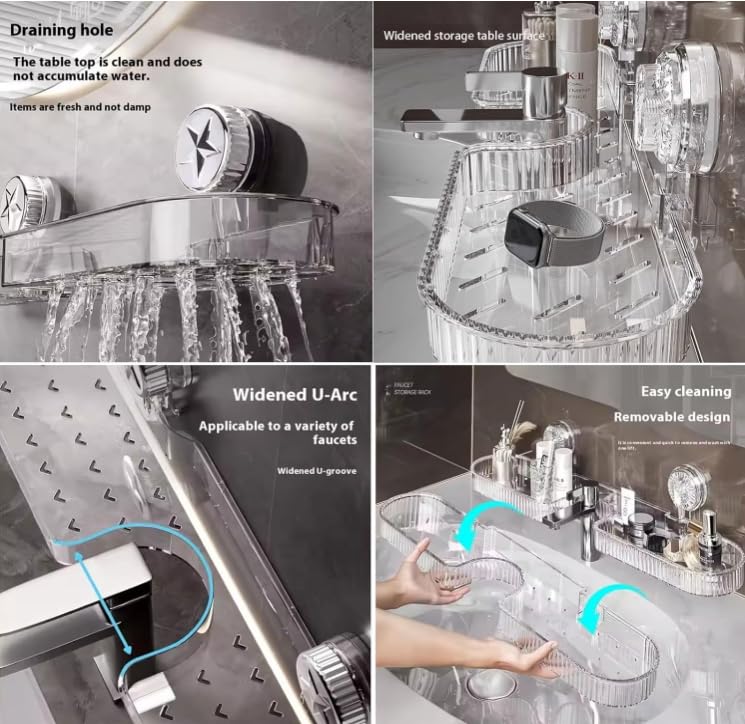 Étagère à Ventouse Au-Dessus Du Robinet - Organiseur Salle De Bain Et Cuisine Sans Perçage, Grande Capacité, Gris Transparent