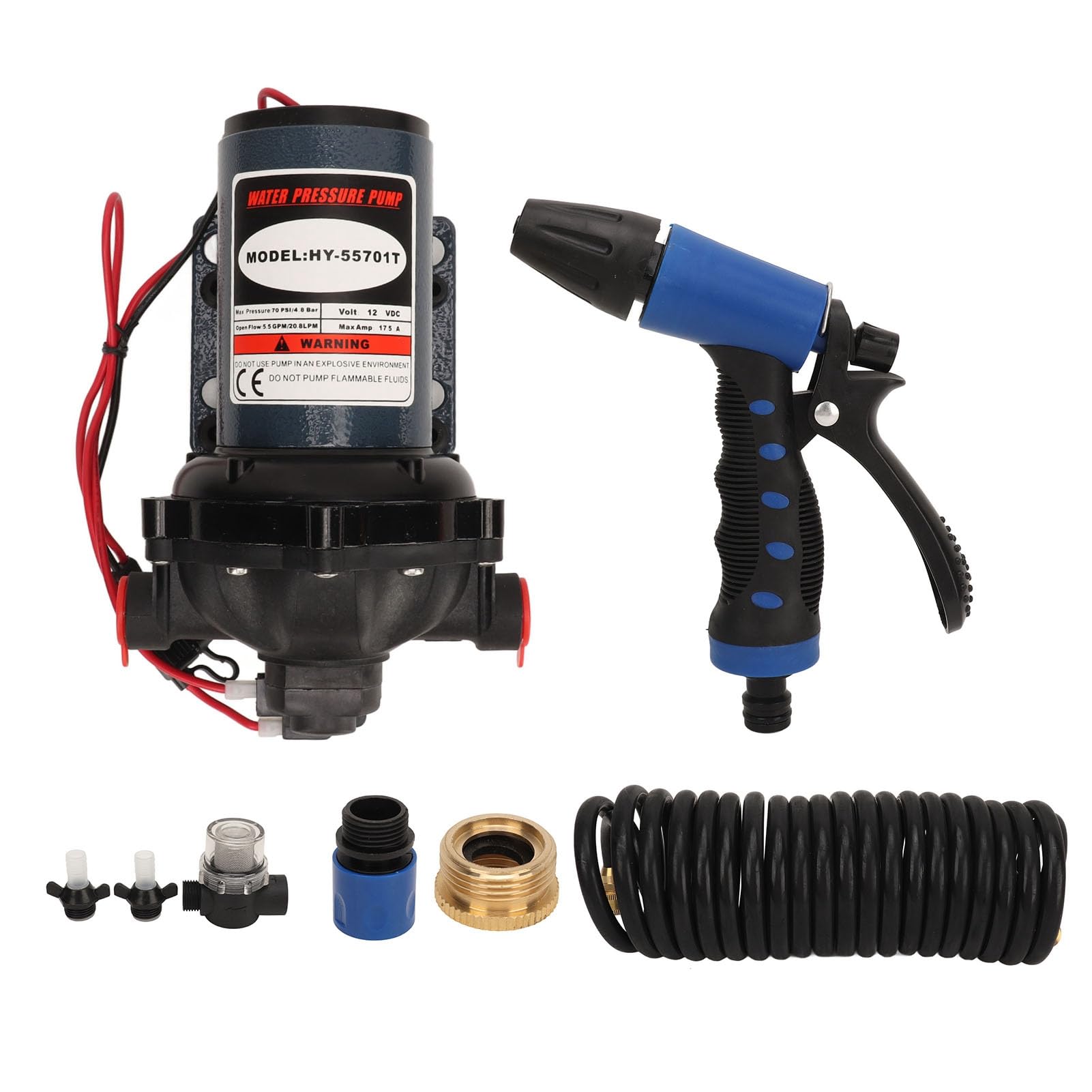 Kit pompa washdown 12V DC ad alta pressione dell'acqua 5,5 GPM per pulizia industriale pesante, stampa 70 PSI, design portatile, include tubo da 6 M