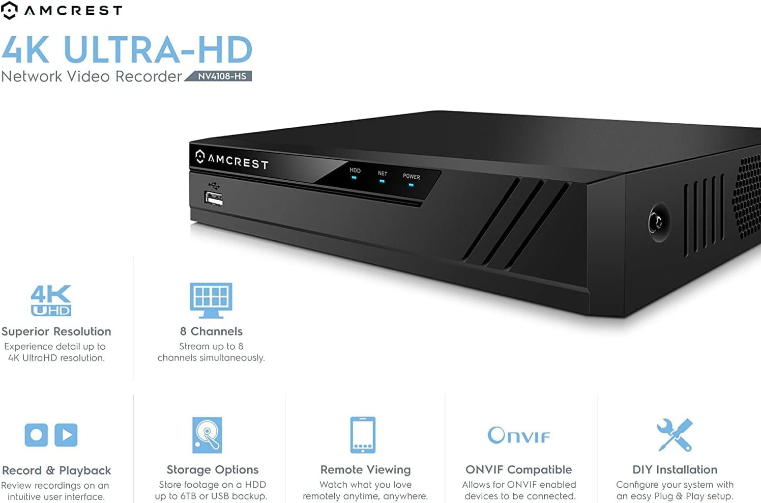 Hottest Sales Amcrest NV4108-HS 4K 8CH NVR (1080p/3MP/4MP/5MP/6MP/8MP) Network Video Recorder - Supports up to 8 x 4K (8MP) IP Cameras @30fps, Supports up to 6TB HDD (Not Included) (No Built-in WiFi) 2020 Version