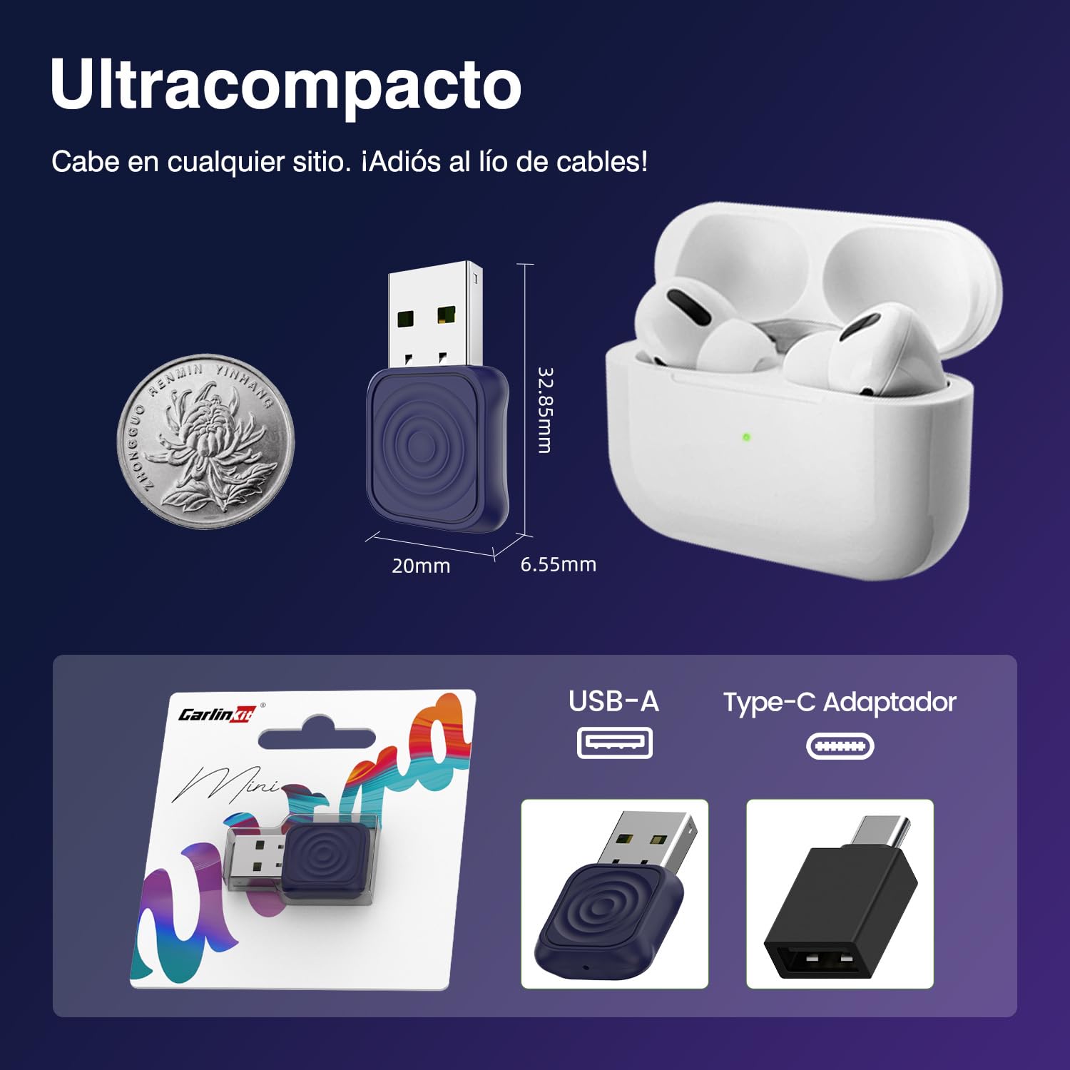 Carlinkit Adaptador inalámbrico CarPlay/Android Auto USB Mini Ultra para CarPlay con cable de fábrica y Android Auto con cable OEM, Plug & Play Wireless CarPlay/Android Auto Dongle compatible con iOS
