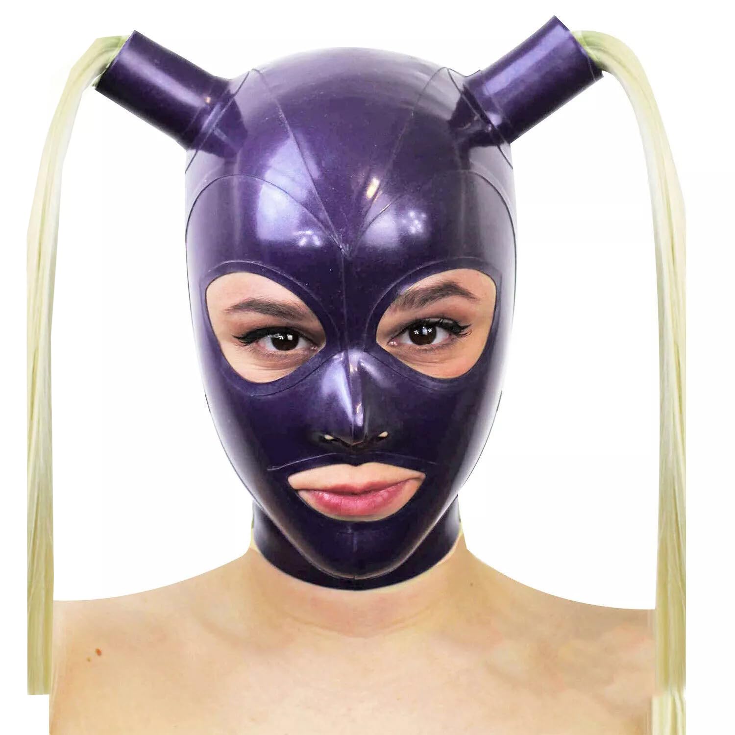 WXLPCGO Latex Hood Unisex Rubber Head Mask Back Zipper Handmade with Double Ponytail for Unisex Cosplay Club Wear(Size:XXL-73CM)