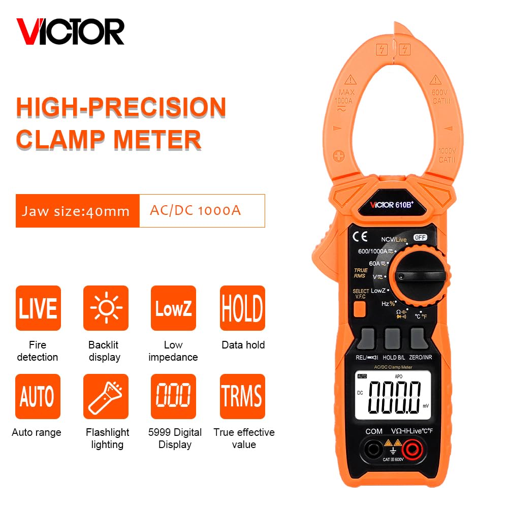 Victor 610B+ 610C+ 1000V 1000A Digital Clamp Meter 3999 Counts VFC True RMS NCV Live Flashlight clamp multimeter(Victor 610B+)