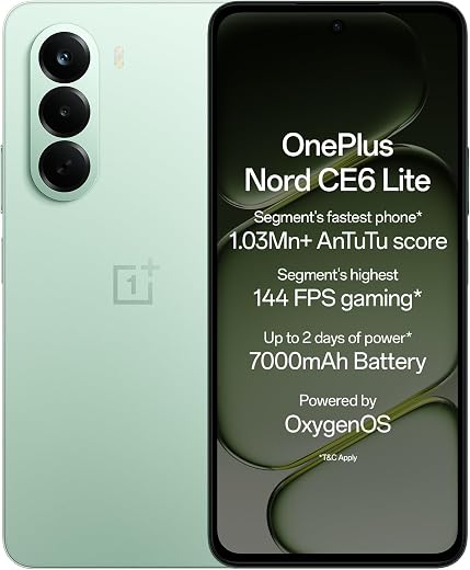 OnePlus Nord CE6 Lite | 6GB+128GB | Vivid Mint | Segment's Fastest Dimensity 7400 Apex Processor | 7000mAh Battery | Segment's Highest 144Hz Refresh Rate | 50MP Main Camera, 4K Video Recording