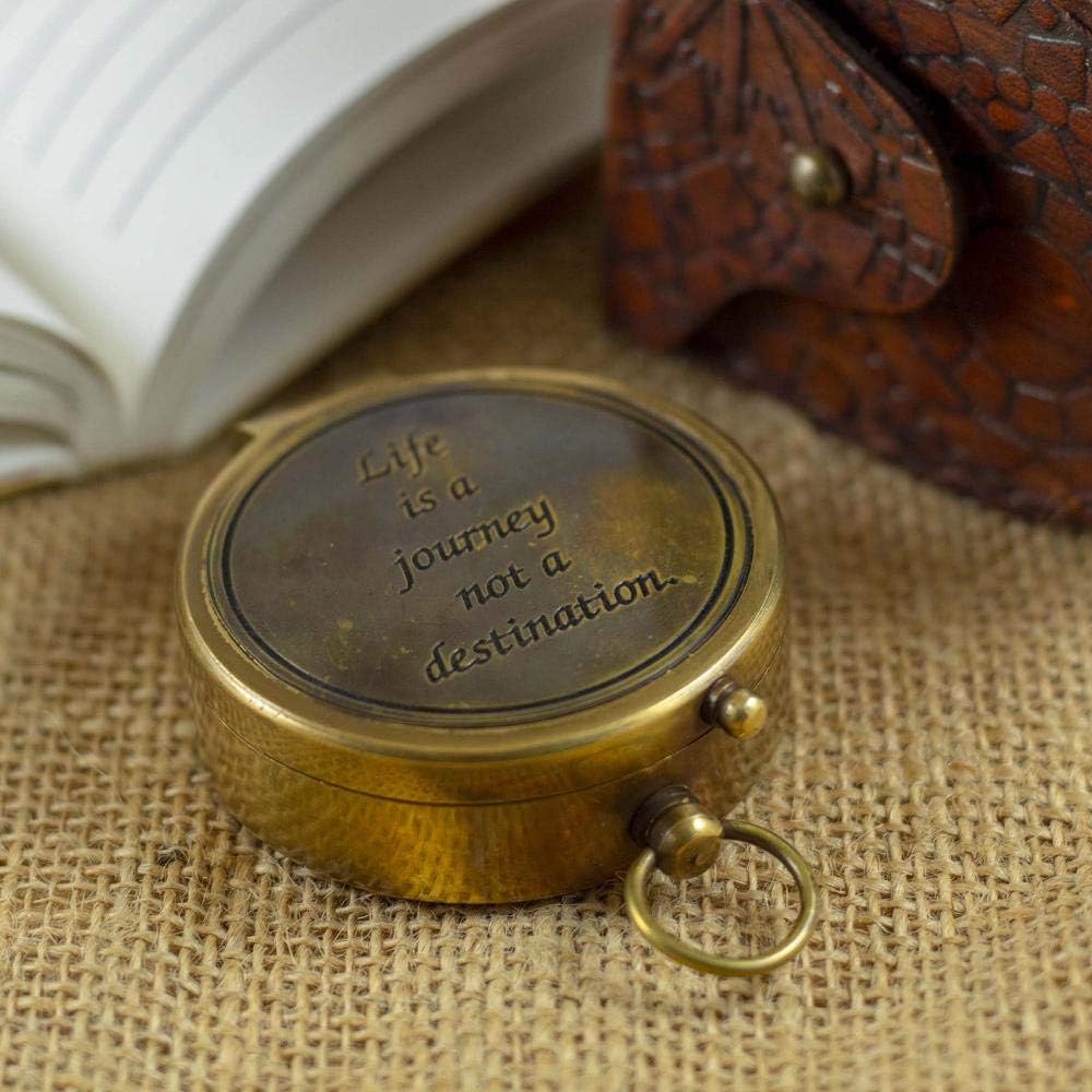 Brass Marine Pocket Magnetic Compass with Chain Nautical Decor Antique Steampunk Style Engraved Gifts Sun dial Directional Life is a Journey not a Destination